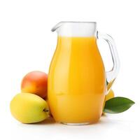 A pitcher of mango juice with mangos Generated photo