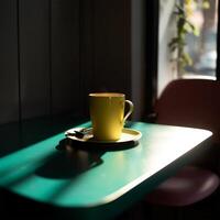 un amarillo taza en un verde mesa generativo ai generado foto