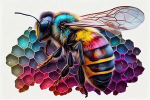 Bee pollinating on a colorful honeycomb. photo