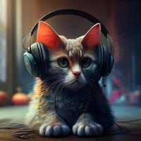 Cat listening to music. photo