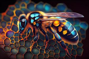 Bee pollinating on a colorful honeycomb. photo