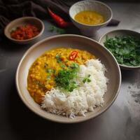 A bowl of yellow dal with red pepper Generated photo