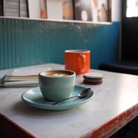 A cup of coffee sits on a table Generated photo