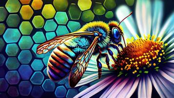 Bee pollinating on a colorful honeycomb. photo