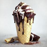 Chocolate ice cream cone and melting cream. photo