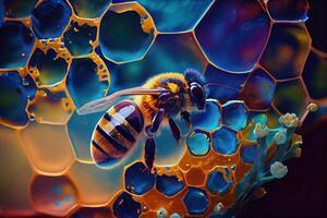 Bee pollinating on a colorful honeycomb. photo