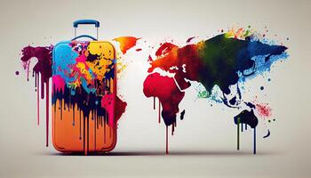 Suitcase and colored world map. Illustration. photo