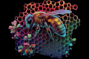 Bee pollinating on a colorful honeycomb. photo