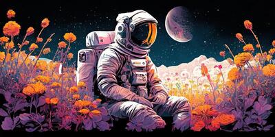 astronauta sentado en un planeta con flores generativo ai foto