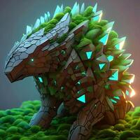 An abstract robotic geometrically sophisticated pangolin that is made of wood and moss. It embodies geometrical 3d recursive systems, forest greenery, and glowing light elements. image photo