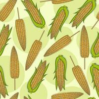 Vector seamless pattern with corn cobs and corn on stick on a light green background. Farmhouse Decor.