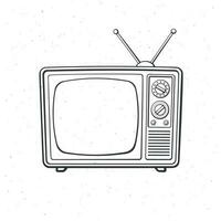Analogue retro TV with antenna, channel and signal selector. Outline. Vector illustration. Television box for news and show translation. Hand drawn sketch. Isolated white background