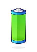 Vector illustration. Green color of the energy status of electrical device accumulator. Full charge level battery indicator. Power technology. Cartoon clip art isolated on white background