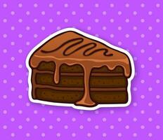 A piece of cake with chocolate glaze cream and fondant. Sticker in cartoon style with contour. vector