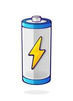 Vector illustration. Charging energy status of electrical device accumulator. Empty charge level battery indicator with yellow lightning sign. Cartoon clip art isolated on white background