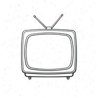 Analogue retro TV with antenna and plastic body. Outline. Vector illustration. Television box for news and show translation. Hand drawn sketch. Isolated white background