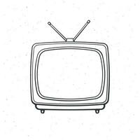 Analogue retro TV with antenna and plastic body. Outline. Vector illustration. Television box for news and show translation. Hand drawn sketch. Isolated white background