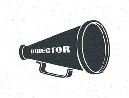 Silhouette of retro megaphone with word director. Vector illustration. Vintage hand loud speaker. Voice audio information, film industry symbol. Isolated white background