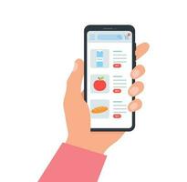 Order with smartphone, shopping online concept. Shopping online using mobile phone. Hand holding phone with mobile app order food online website. vector