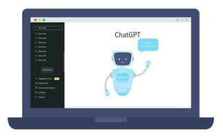 Chat GPT 4 interface and conversation method. Powered by OpenAI's Advanced Artificial Intelligence. AI-powered conversations in laptop. vector