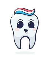 Vector illustration. Happy smiling healthy baby human tooth with eyes and toothpaste. Symbol of somatology and oral hygiene.