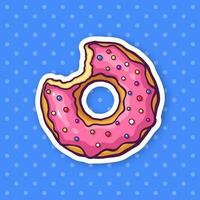 Sticker of bitten donut with pink glaze and colored powder vector
