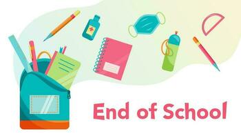 End of school poster, banner. Stationary flying out backpack. Vector illustration.