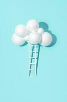 Ladder to the clouds idea, minimal creative inspirational layout, pastel blue background. photo