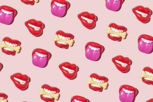 Fashion girl lips, creative pop art pattern, pastel pink background. photo