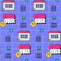 Old PC Game Over nostalgia seamless pattern on purple background. Trendy 80s-00s repeat vector backdrop illustration.