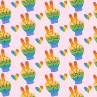 Pride Month seamless pattern with peace had gesture in LGBTQ flag color. Colorful 70s style vector repeat for fabric, textile, wrapping paper, wallpaper and other print and design.