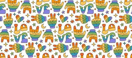 Hippie hand peace and rock gestures and with rainbow heart with word love in colors of lgbt flag. Seamless pattern, background or print, 70s retro vector in contour flat style