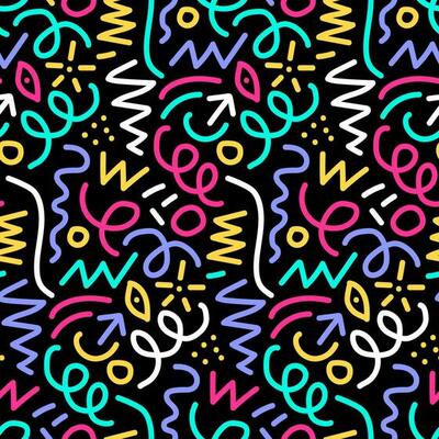 Trendy 90s style vivied line doodle seamless pattern. Creative minimalistic art background for kids with basic abstract shapes. Simple party confetti texture, childish scribble shape backdrop.Vector