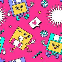 90s style seamless pattern with retro cartoon floppy disk characters and vintage disco objects. Hand drawn doodles. 80s - 00s trendy style vector illustration.