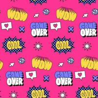 Cool ,wow, game over - Vintage Seamless pattern with a 90s quotes and words in neon bright colors. Vector hand drawn illustration.