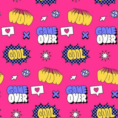 Cool ,wow, game over - Vintage Seamless pattern with a 90s quotes and words in neon bright colors. Vector hand drawn illustration.