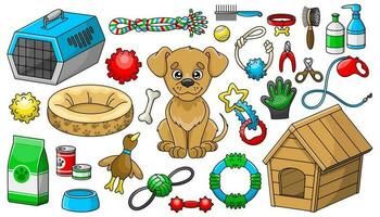 conjunto vistoso de dibujos animados perro y bienes para mascota tienda vector