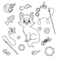 Set contour of cartoon cat and toys for pet shop vector