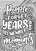 people forget years and remember moments. motivational quotes coloring pages design. Traveling words coloring book pages design.  Adult Coloring page design, anxiety relief coloring book for adults vector