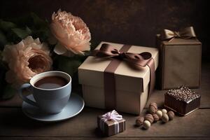 mothers day background with coffee and gift box, photo