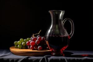 side view of jug with red wine and grape on dark, photo