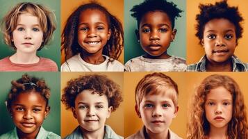 collage de contento sonriente caras de niños, ai generativo foto