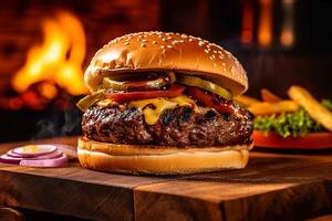 carne de vaca hamburguesa con frío bebida y papas fritas, ai generativo foto