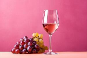 un botella de vino de rojo uvas en un amable rosado fondo, ai generativo foto