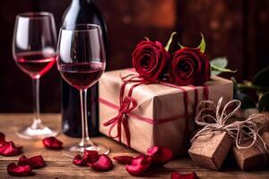 Gifts in boxs, champagne and red rose close-up, photo