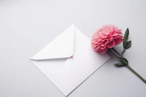 White envelope with flowers and card on grey background, AI Generative photo
