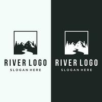 Logos of rivers, creeks, riverbanks and streams. River logo with combination of mountains and farmland with concept design vector illustration template.