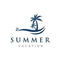 plantilla de logotipo creativo de vacaciones de verano en la playa con olas, palmeras y símbolos de tabla de surf en estilo retro.emblema,etiqueta, afiche,insignia. vector