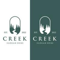 Logos of rivers, creeks, riverbanks and streams. River logo with combination of mountains and farmland with concept design vector illustration template.