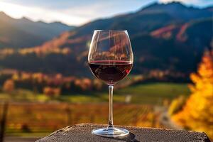 Red wine glass with beautiful autumn landscape, photo